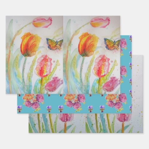 Colorful Tulip art Flower Floral Lilies Watercolor Wrapping Paper Sheets