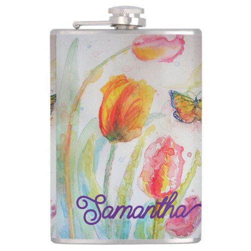 Colorful Tulip Butterfly Watercolor Customizable  Flask