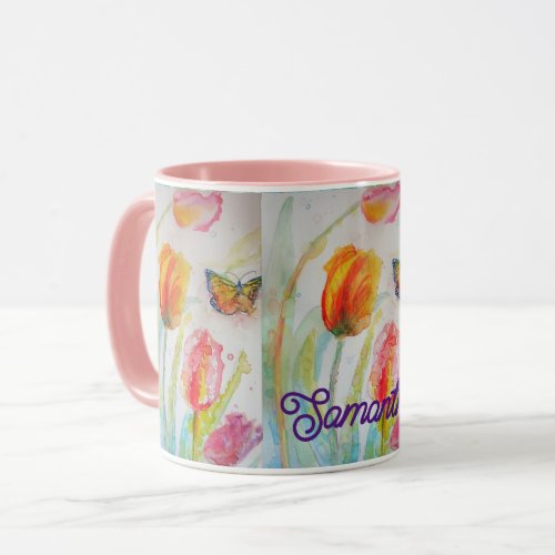 Colorful Tulip Butterfly Watercolor Customizable  Mug