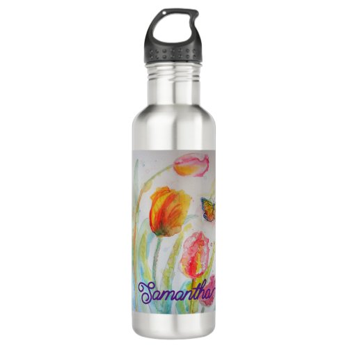 Colorful Tulip Butterfly Watercolor Customizable  Stainless Steel Water Bottle