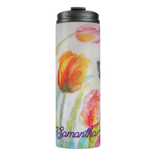 Colorful Tulip Butterfly Watercolor Customizable  Thermal Tumbler