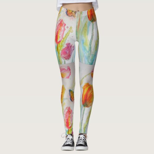 Colorful Tulip Floral Watercolor Art Leggings