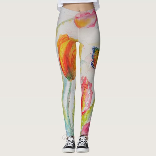 Colorful Tulip Floral Watercolor Art Leggings