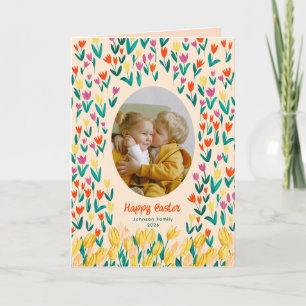 Colorful Tulip Happy Easter Family Photo Greeting Card