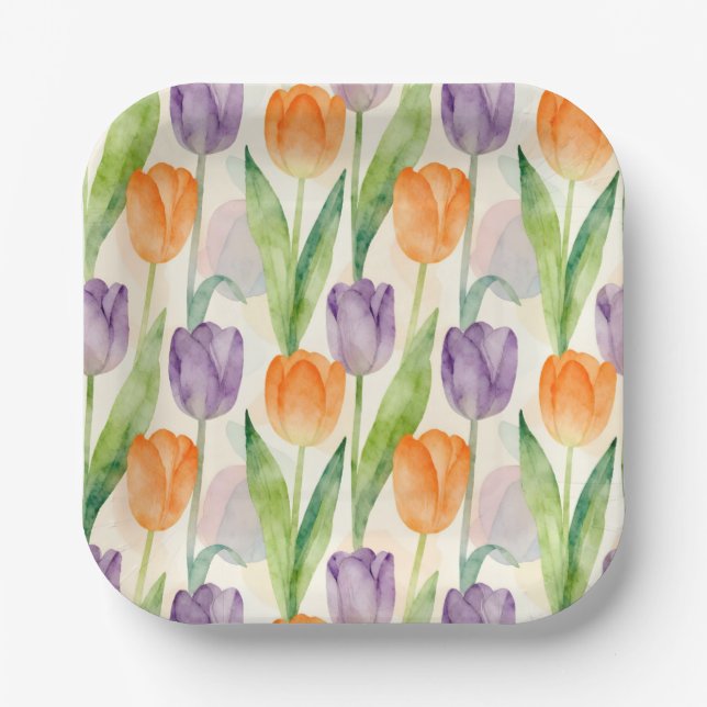 Colorful Tulip Pattern Paper Plates (Front)