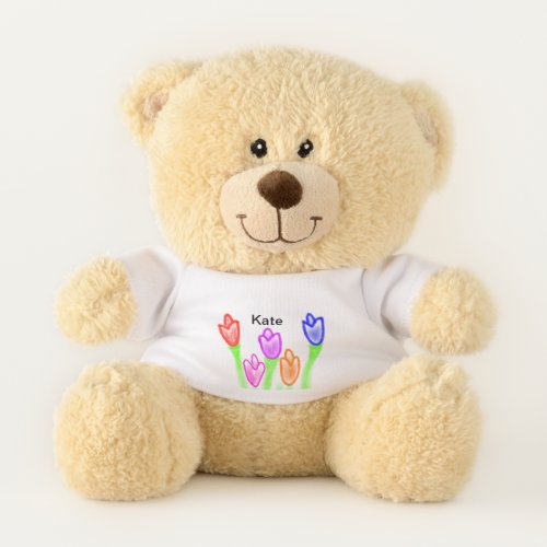 Colorful tulip watercolor add name text modern   teddy bear