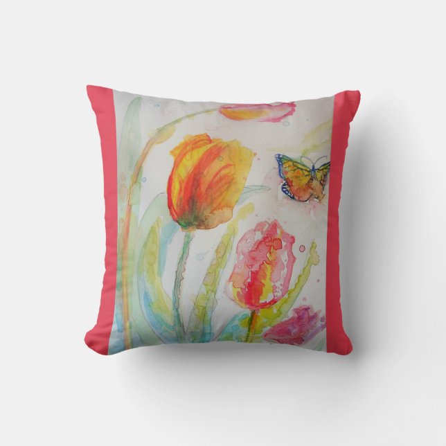 Colorful Tulip Watercolor Flower Floral Cushion (Front)