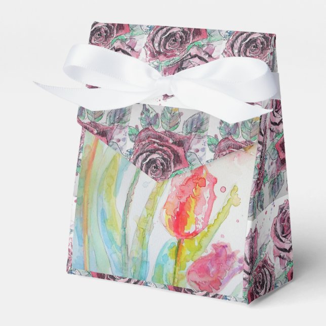 Colorful Tulip Watercolour Party Cake Favor Box (Front Side)