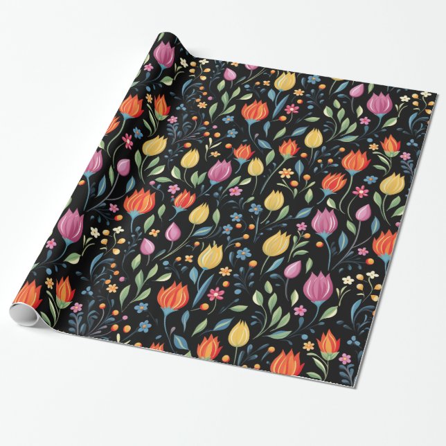 Colorful tulipes Easter Flowers Pattern Wrapping Paper (Unrolled)