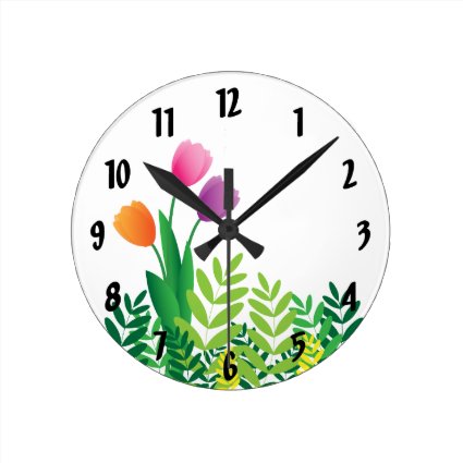 Colorful Tulips and Green Vegetation Round Clock