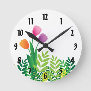 Colorful Tulips and Green Vegetation Round Clock