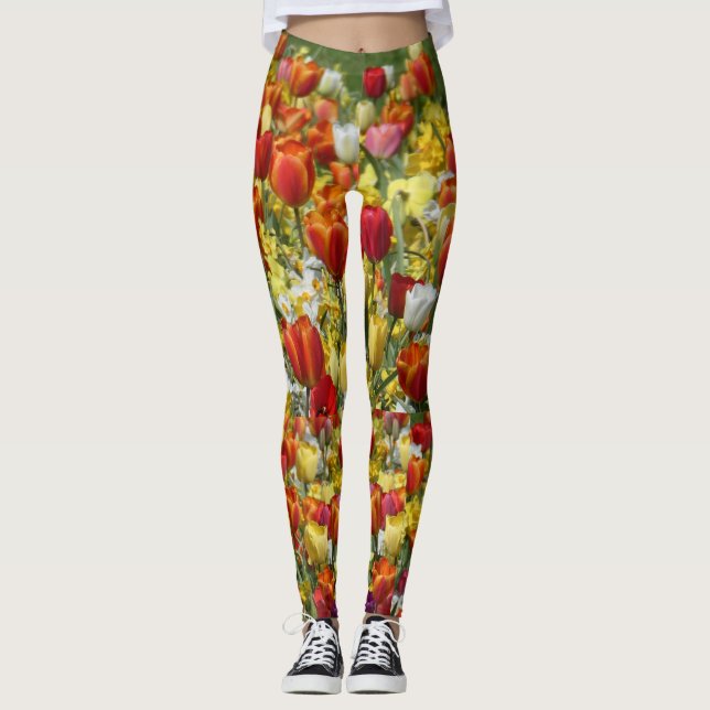 Colorful Tulips & Daffodils Flowers Legging (Front)
