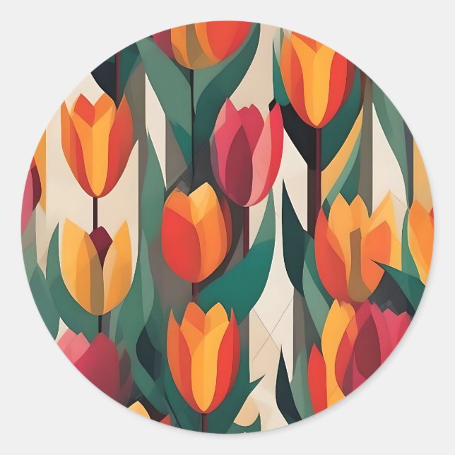 Colorful Tulips Geometric Classic Round Sticker (Front)