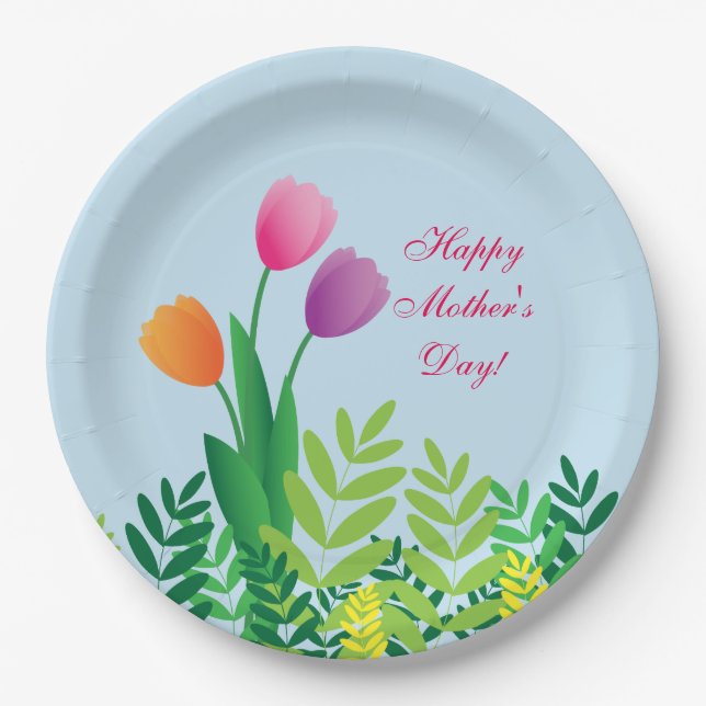 Colorful Tulips, Happy Mother's Day Paper Plates (Front)