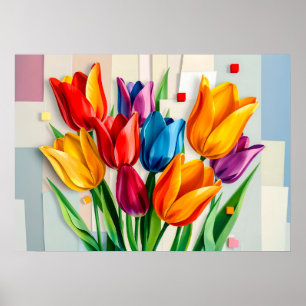 Colorful Tulips in Modern Abstract Style Poster