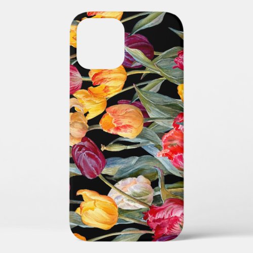 Colorful tulips isolated black background iPhone 12 case