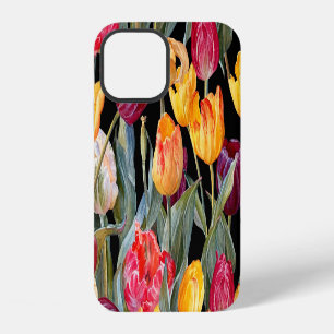 Colorful tulips, isolated black background. iPhone 12 case