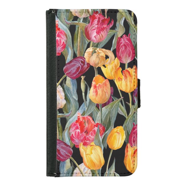Colorful tulips, isolated black background. samsung galaxy wallet case (Front)