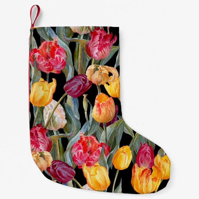 Colorful tulips, isolated black background. small christmas stocking (Front)