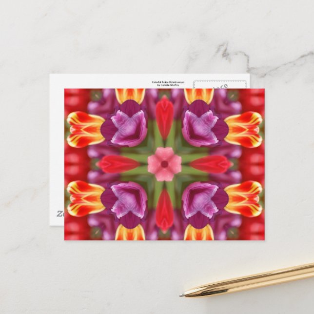 Colorful Tulips Kaleidoscope Postcard (Front/Back In Situ)
