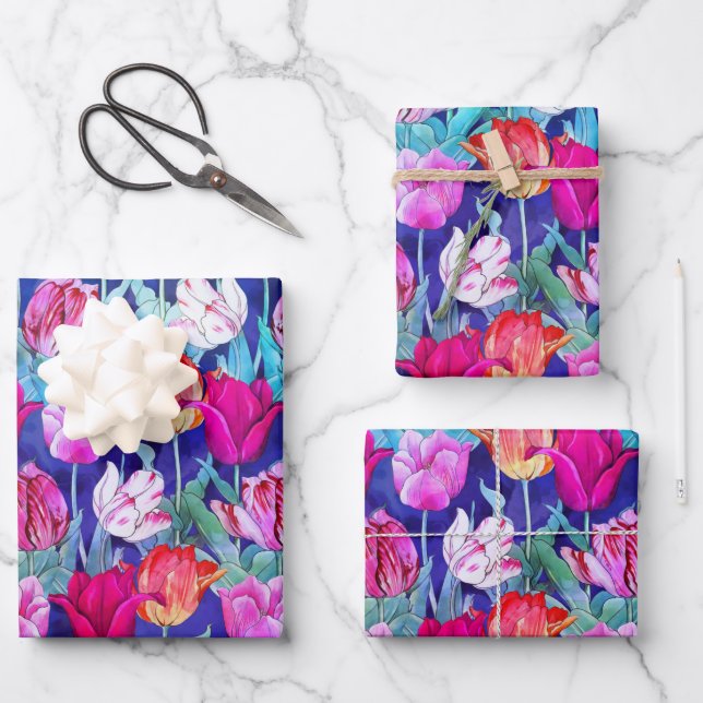 Colorful Tulips Pattern Wrapping Paper Sheets (Front)