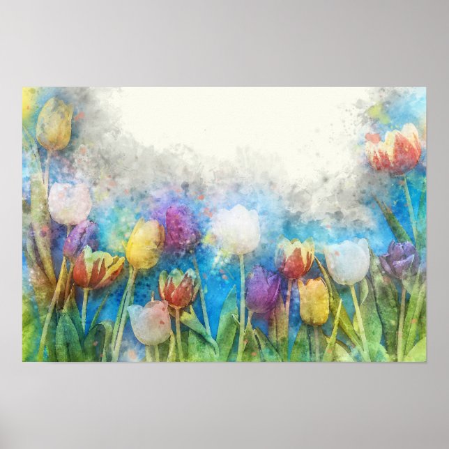 Colorful Tulips watercolor art Poster (Front)