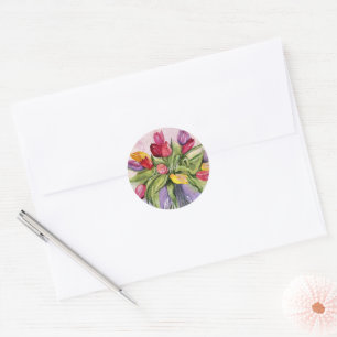 Colorful Tulips Watercolor Floral Classic Round Sticker