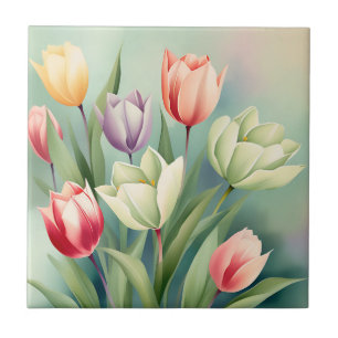 Colorful Tulips Watercolor Romantic Ceramic Tile