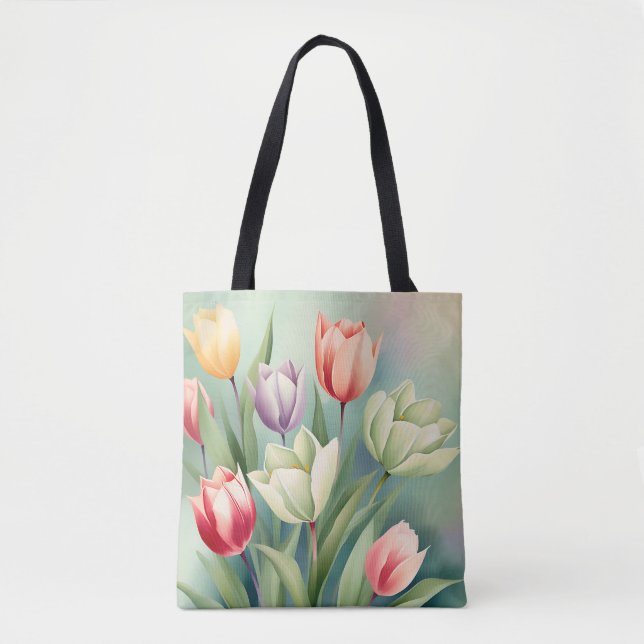 Colorful Tulips Watercolor Romantic Tote Bag (Front)