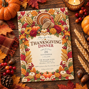 Colorful Turkey Autumn Thanksgiving Dinner Invitation