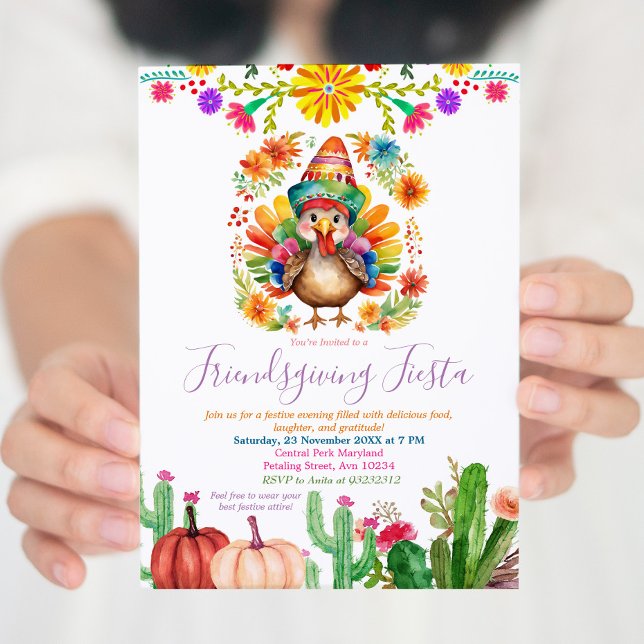 Colorful Turkey Floral Cactus Friendsgiving Fiesta Invitation (Creator Uploaded)