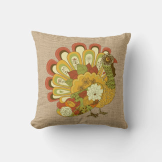 Colorful Turkey on faux Burlap Pillow