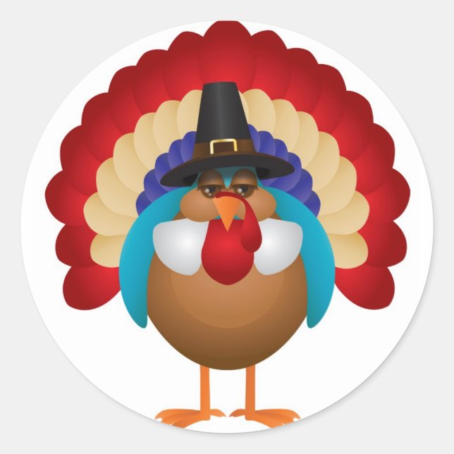 Colorful Turkey with Pilgrim Hat Sticker (Front)