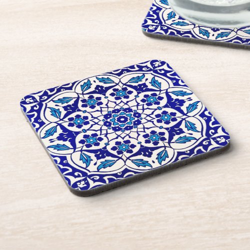 Colorful Turkish Ottoman Iznik Blue Tile Motif Beverage Coaster