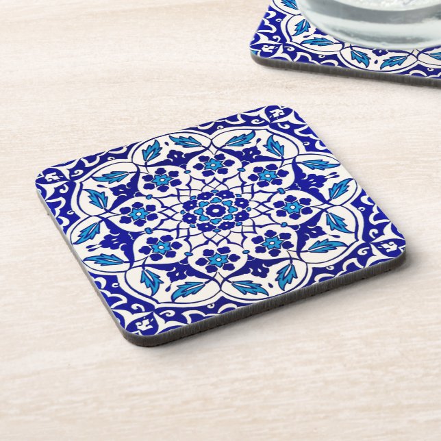 Colorful Turkish Ottoman Iznik Blue Tile Motif Beverage Coaster (Left Side)