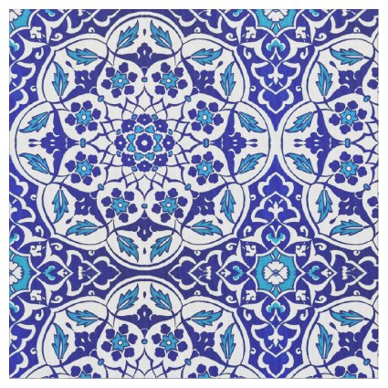 Colorful Turkish Ottoman Iznik Blue Tile Motif Fabric