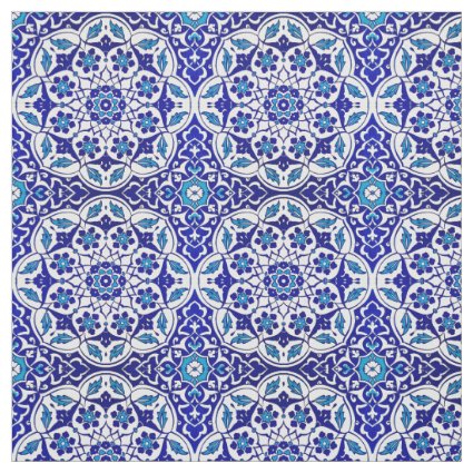 Colorful Turkish Ottoman Iznik Blue Tile Motif Fabric