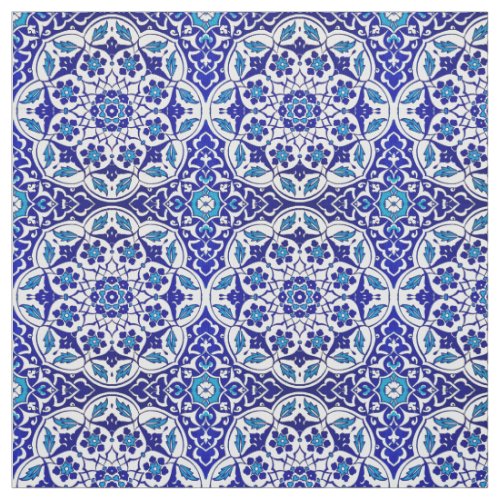 Colorful Turkish Ottoman Iznik Blue Tile Motif Fabric
