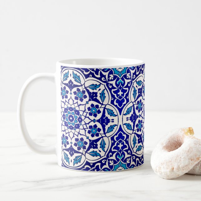 Colorful Turkish Ottoman Iznik Blue White Tile Coffee Mug (With Donut)