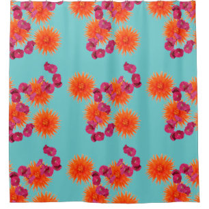 Colorful Turquoise Blue Orange Pink Floral Pattern Shower Curtain