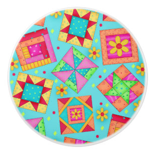 Colorful Turquoise Blue Quilt Patchwork Block Art Ceramic Knob