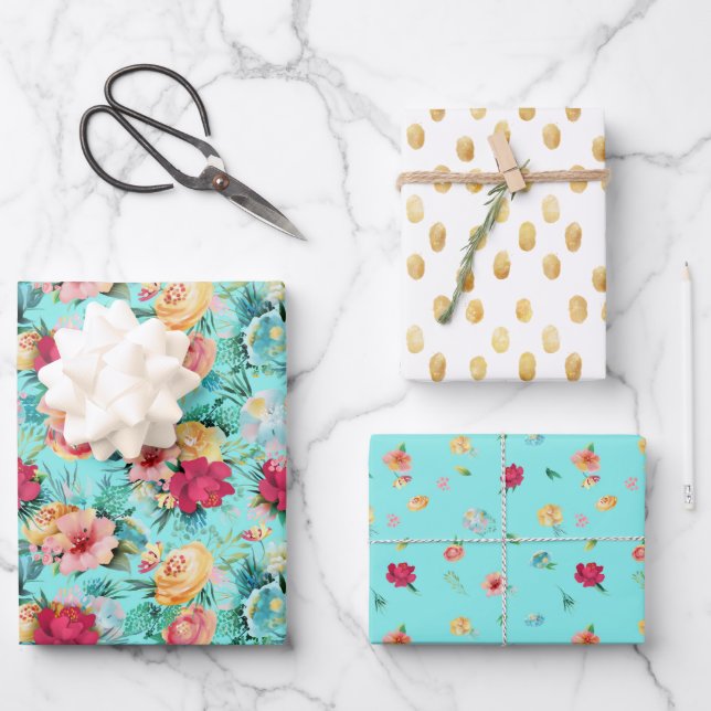 Colorful Turquoise Floral Gold Glitter Wrapping Paper Sheets (Front)