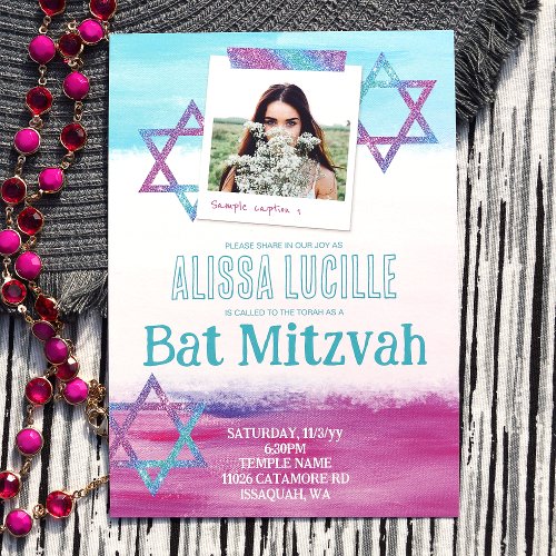 Colorful Turquoise Hot Pink Glitter Bat Mitzvah Invitation