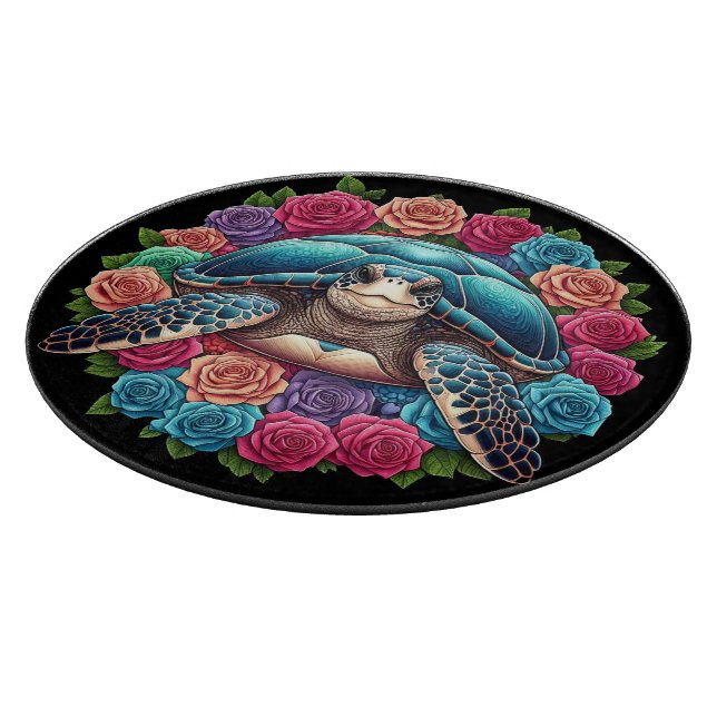 Colorful Turtle Illustration Surrounded by Roses Cutting Board (Corner)