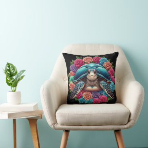 Colorful Turtle Illustration Surrounded by Roses Throw Pillow