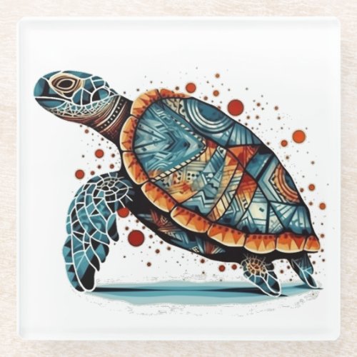 Colorful turtle painted in aboriginal style glass coaster