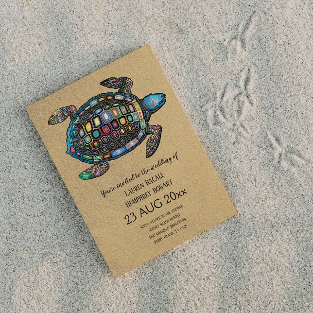 Colorful Turtle Sandy Beach Wedding Invitation (Creator Uploaded)