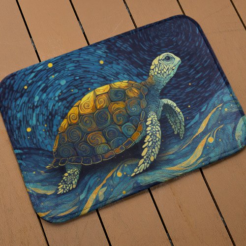 Colorful Turtle Swimming Under Starry Night Sky _ Bath Mat