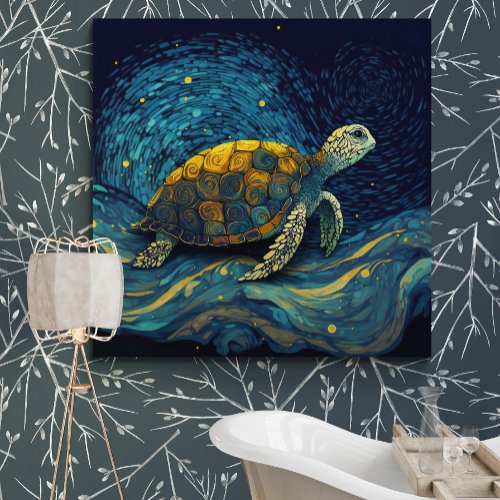 Colorful Turtle Swimming Under Starry Night Sky _ Canvas Print