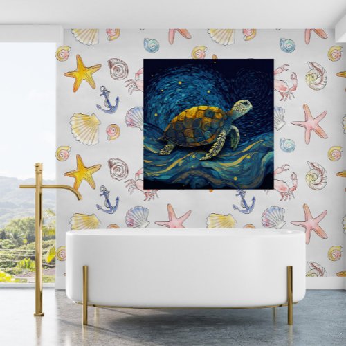 Colorful Turtle Swimming Under Starry Night Sky _ Poster